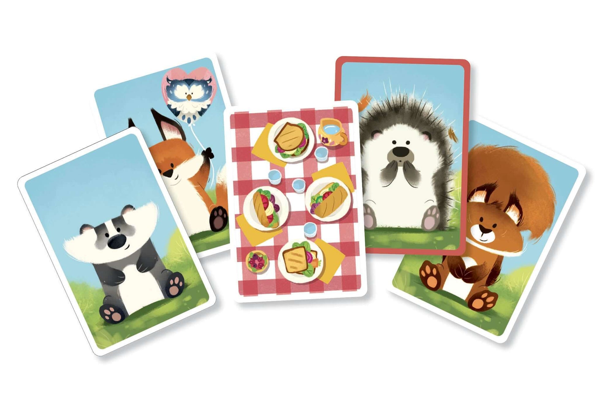 jeu de cartes pique-nique avec des animaux et des sandwiches sur une nappe