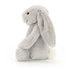 Jellycat Bashful Silver Bunny in a seated position showcasing its soft gray fur and floppy ears.