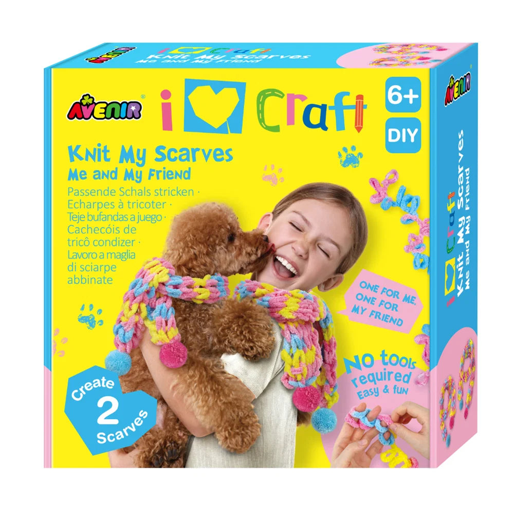 kit tricot d'écharpes pour enfants Avenir - I Love Craft avec un enfant et un chien.