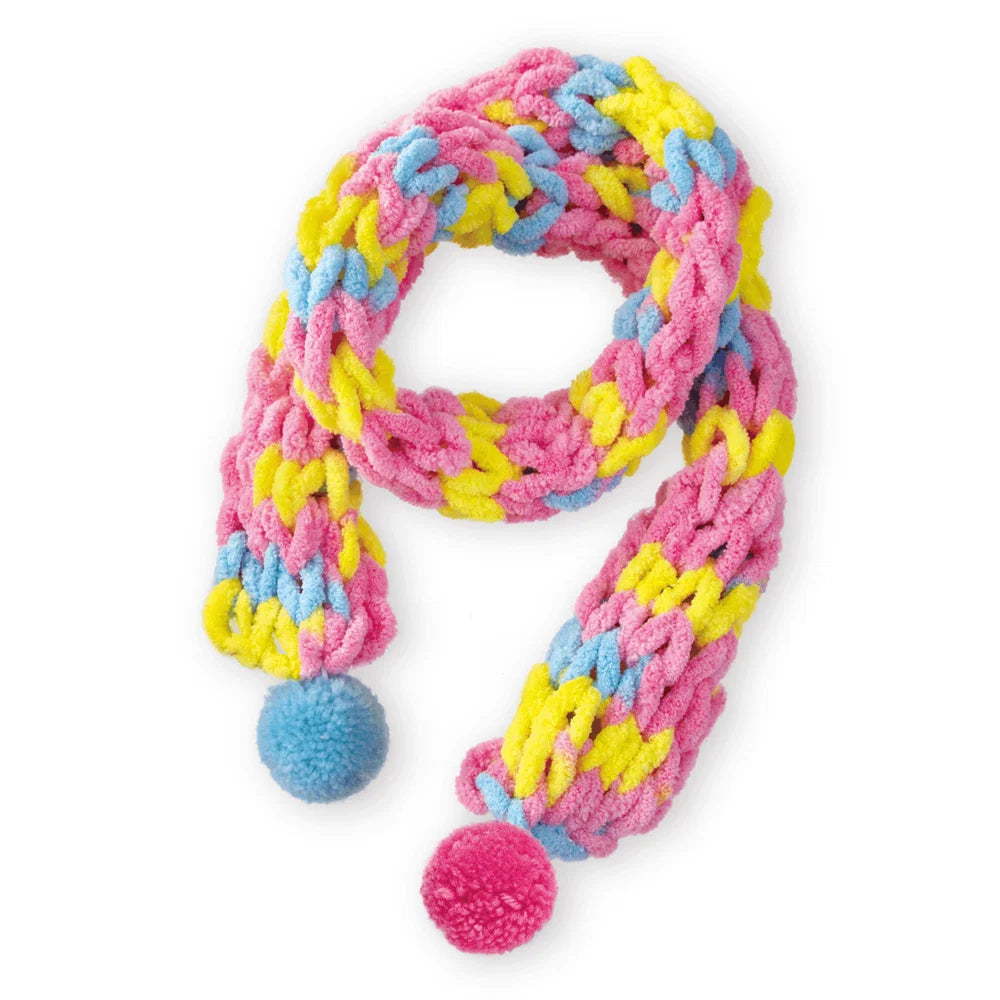 Écharpe colorée tricotée à la main, kit tricot d'écharpes pour enfants, avec pompons rose et bleu.