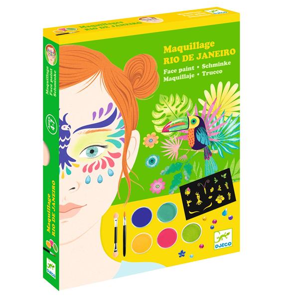Maquillage créatif enfants avec le kit Maquillage Rio de Janeiro, incluant des couleurs vives et des motifs amusants.
