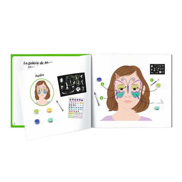 Livre de maquillage créatif enfants montrant des visages colorés et des accessoires de maquillage.