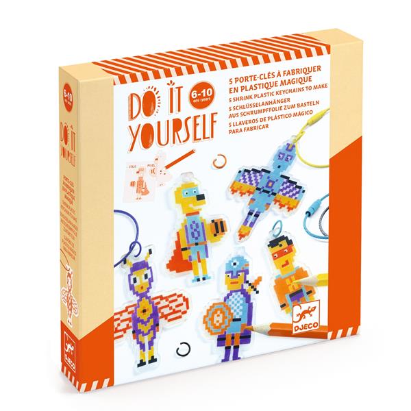 Porte-clés héros pixel art DIY, kit pour créer des porte-clés en plastique magique, activité créative pour enfants.