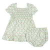 robe smockée bébé Vichy fraises avec jupette à volants et culotte assortie
