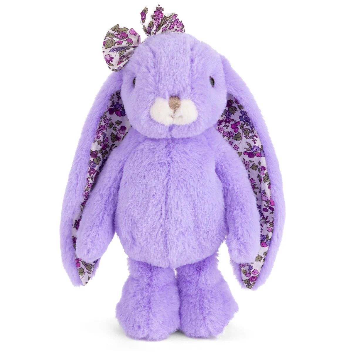 Peluche lapin doux floral, au pelage violet, oreilles à motifs floraux et nœud sur la tête, idéal pour câliner.