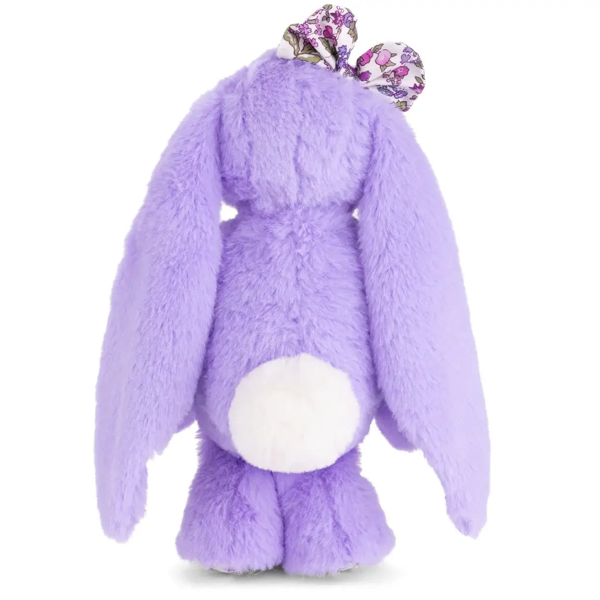Peluche lapin doux floral, arrière du lapin violet avec longues oreilles et un nœud à motifs floraux sur la tête.