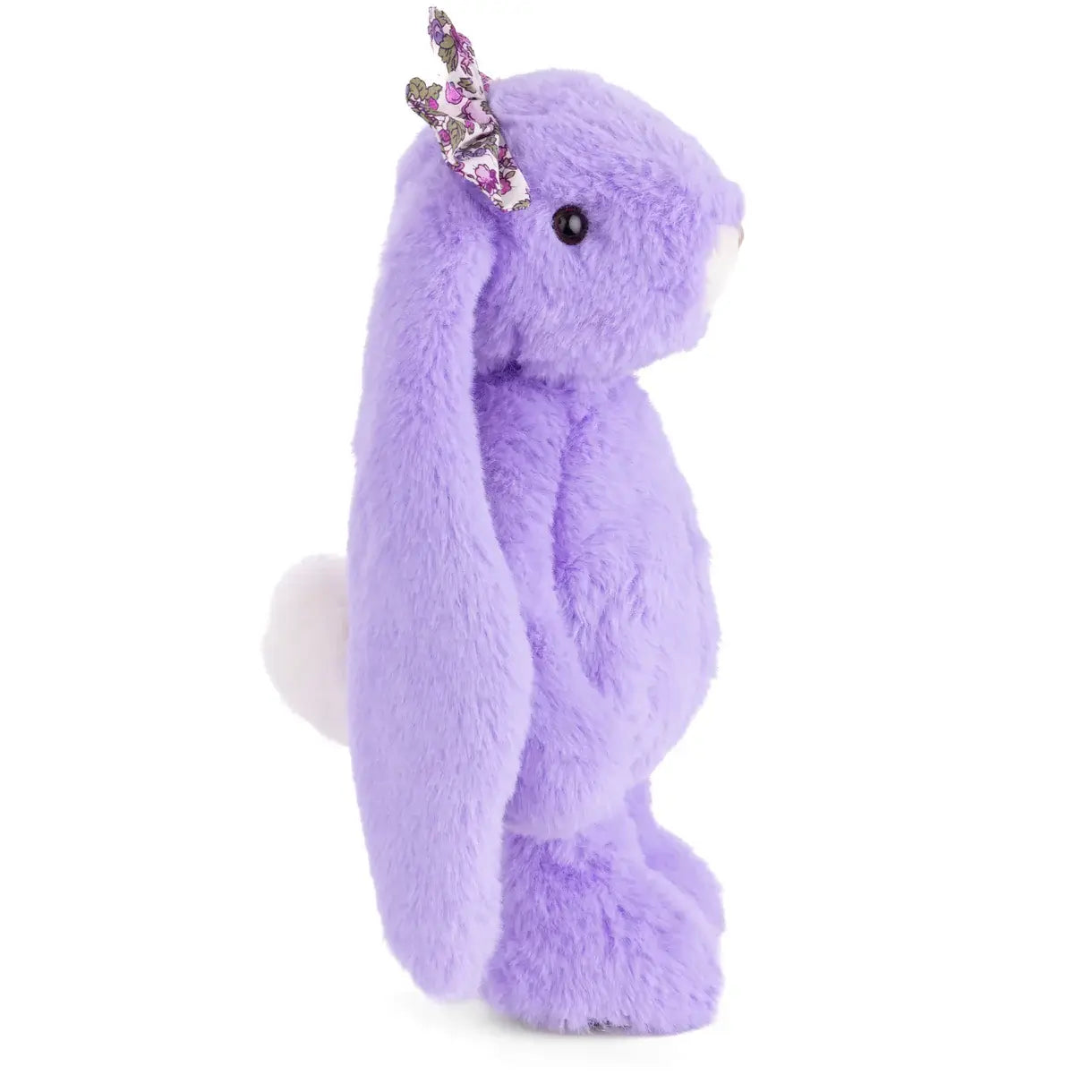 Peluche lapin doux floral, peluche violet avec des oreilles longues et un nœud floral sur la tête.