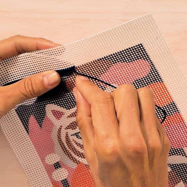 initiation au canevas moderne avec un motif coloré et des points techniques sur le canevas.