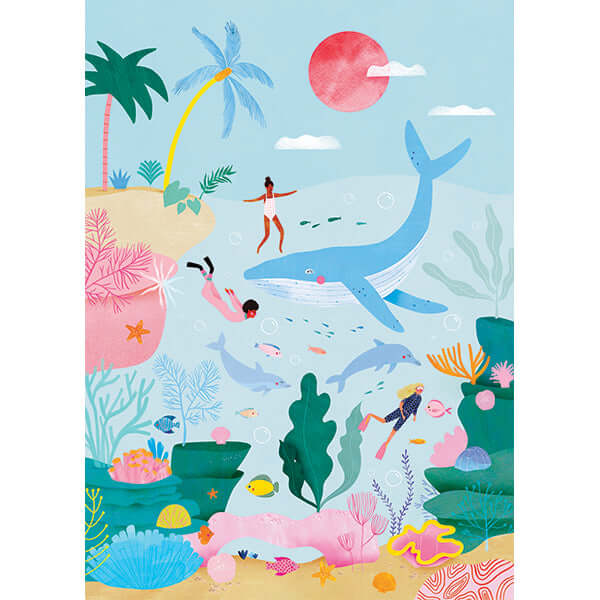 Puzzle 1000 pièces Laura Lhuillier avec des baleines et des plongeurs dans un paysage marin coloré.