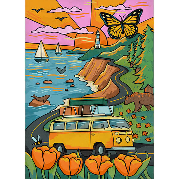 puzzle 500 pieces holiyay sur la route illustration d'un van, paysage côtier et nature