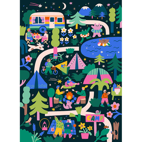 puzzle camping 1000 pièces illustration animée d'une scène de camping avec amis et nature