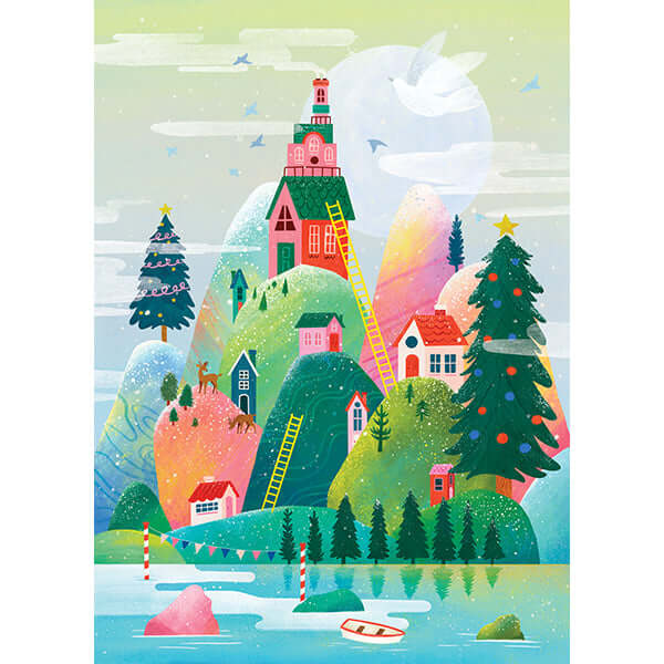 puzzle 1000 mcx l'île de Noël, illustration colorée d'une montagne avec maisons et arbres, ambiance festive