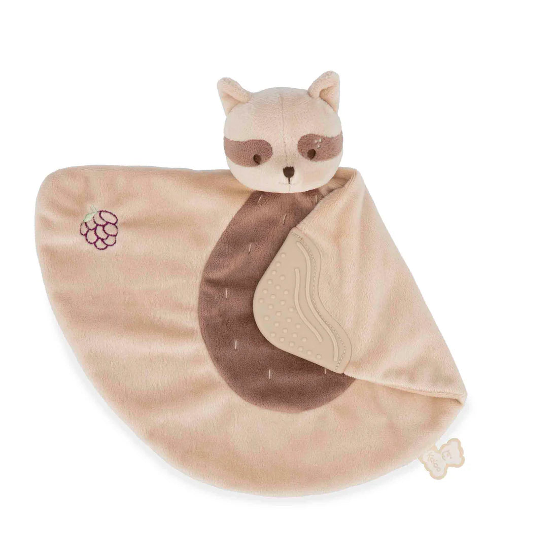 Doudou de dentition raton laveur en tissu doux, avec une extrémité en silicone souple pour apaiser bébé.