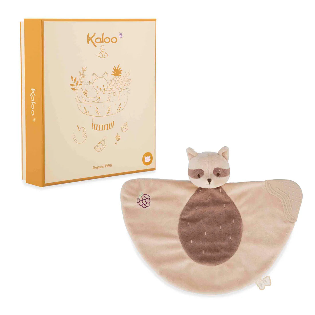 Doudou de dentition raton laveur Kaloo avec boîte, doux et apaisant pour bébé.