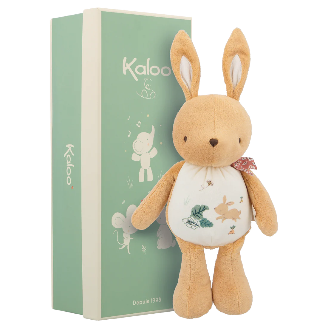 Peluche sonore lapin Kaloo présentée dans son emballage, idéale pour l'éveil des sens de bébé.