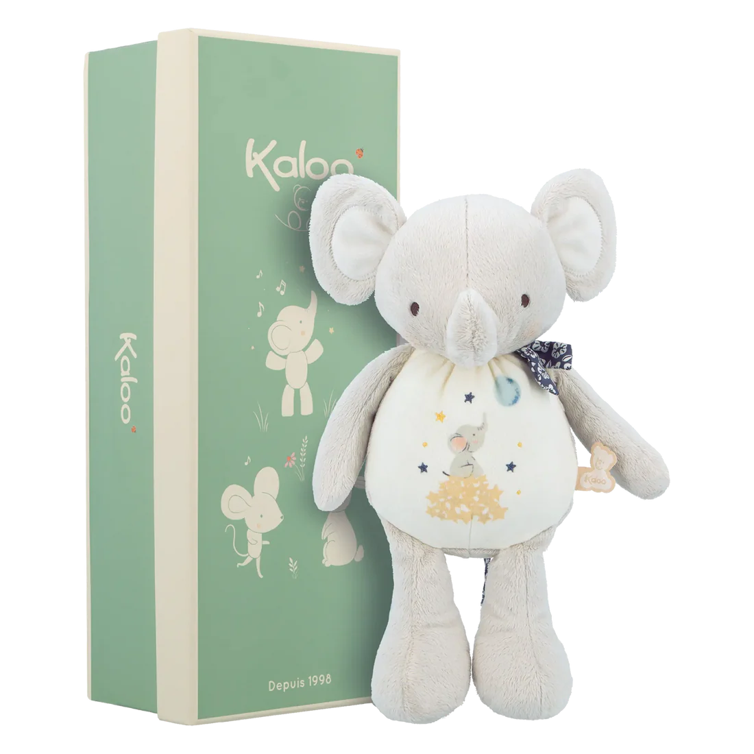 Peluche sonore éléphant Kaloo avec boîte, conçue pour éveiller bébé avec des sons adorables.