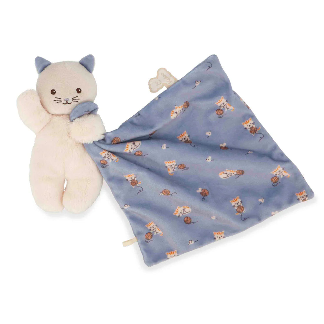 Doudou chat lilas avec un tissu doux, motif chat et pelotes de laine, parfait pour le confort des tout-petits.