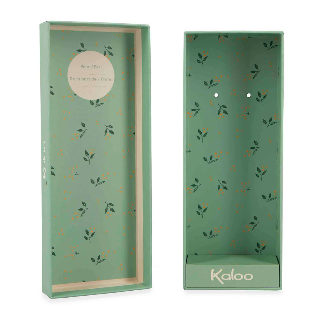 Boîte de rangement écologique Kaloo avec motifs floraux, idéale pour le doudou chat lilas.