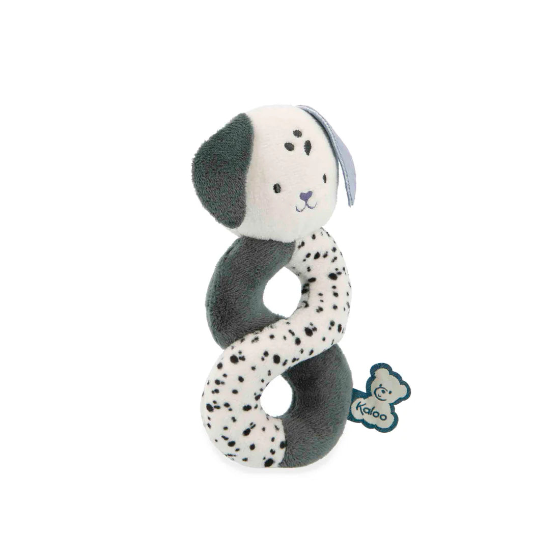 Hochet chiot sensoriel torsadé de Kaloo, parfait pour éveiller bébé et développer ses sens.