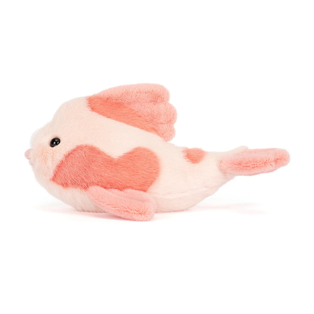 Jellycat Fancy Carp en peluche mignon, couleur rose avec des motifs adorables, parfait pour les câlins et les collections.