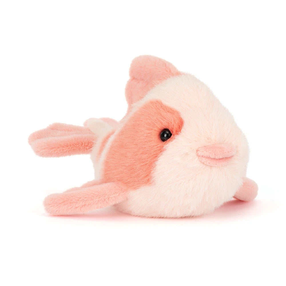 Jellycat Fancy Carp en peluche adorable, rose et blanche, parfaite pour les câlins et le jeu.