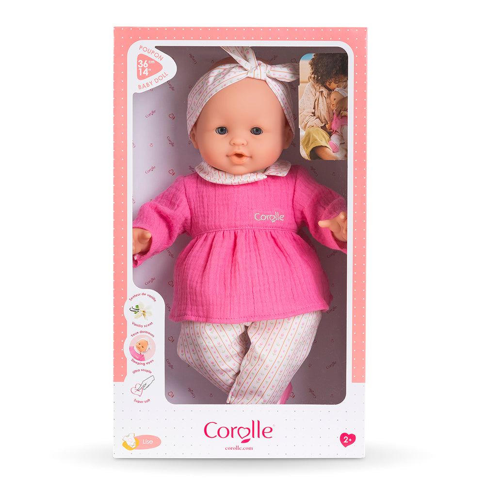 Corolle Mon grand Poupon Lise tulipe 36 cm dans sa boîte avec un look adorable en rose et blanc.