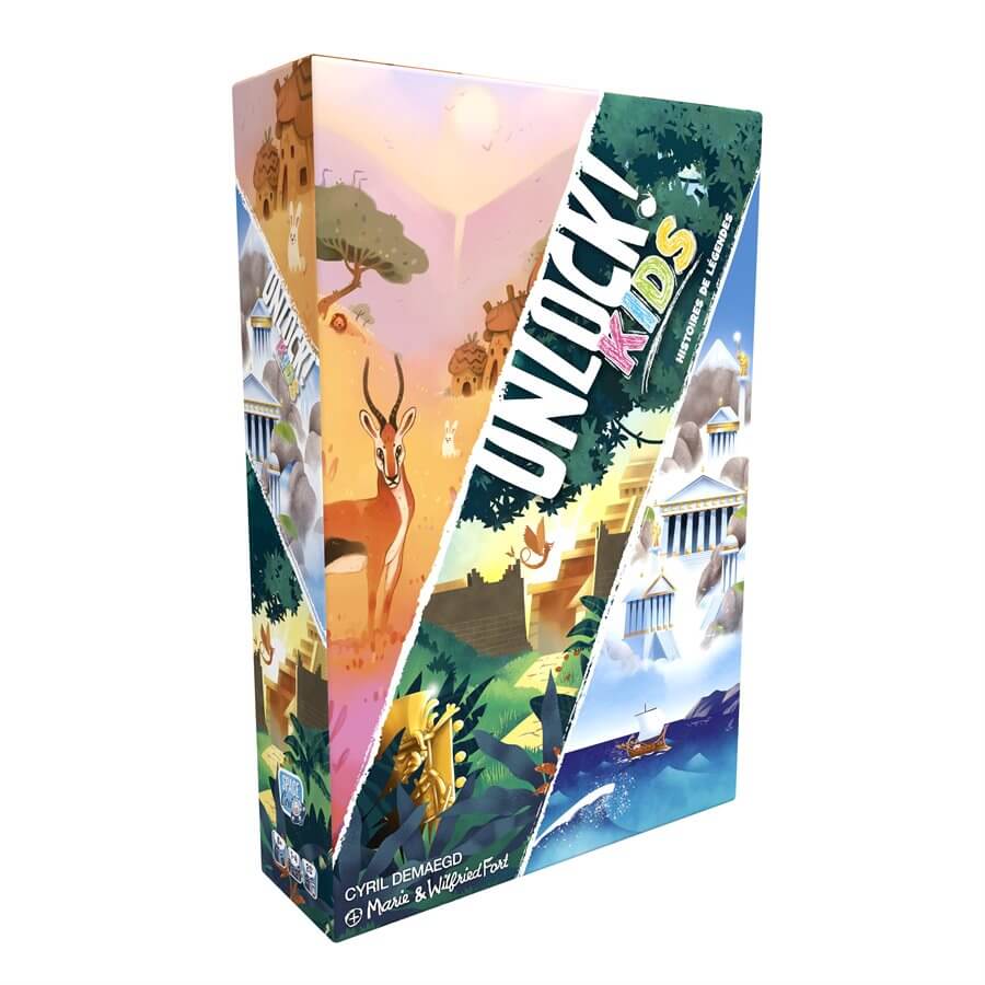 Unlock Kids escape game, boîte de jeu illustrée avec des scènes d'aventure et de mystère.