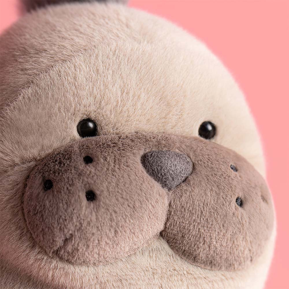 Jellycat Roarwell Sea Lion en gros plan, montrant son expression douce et câline.