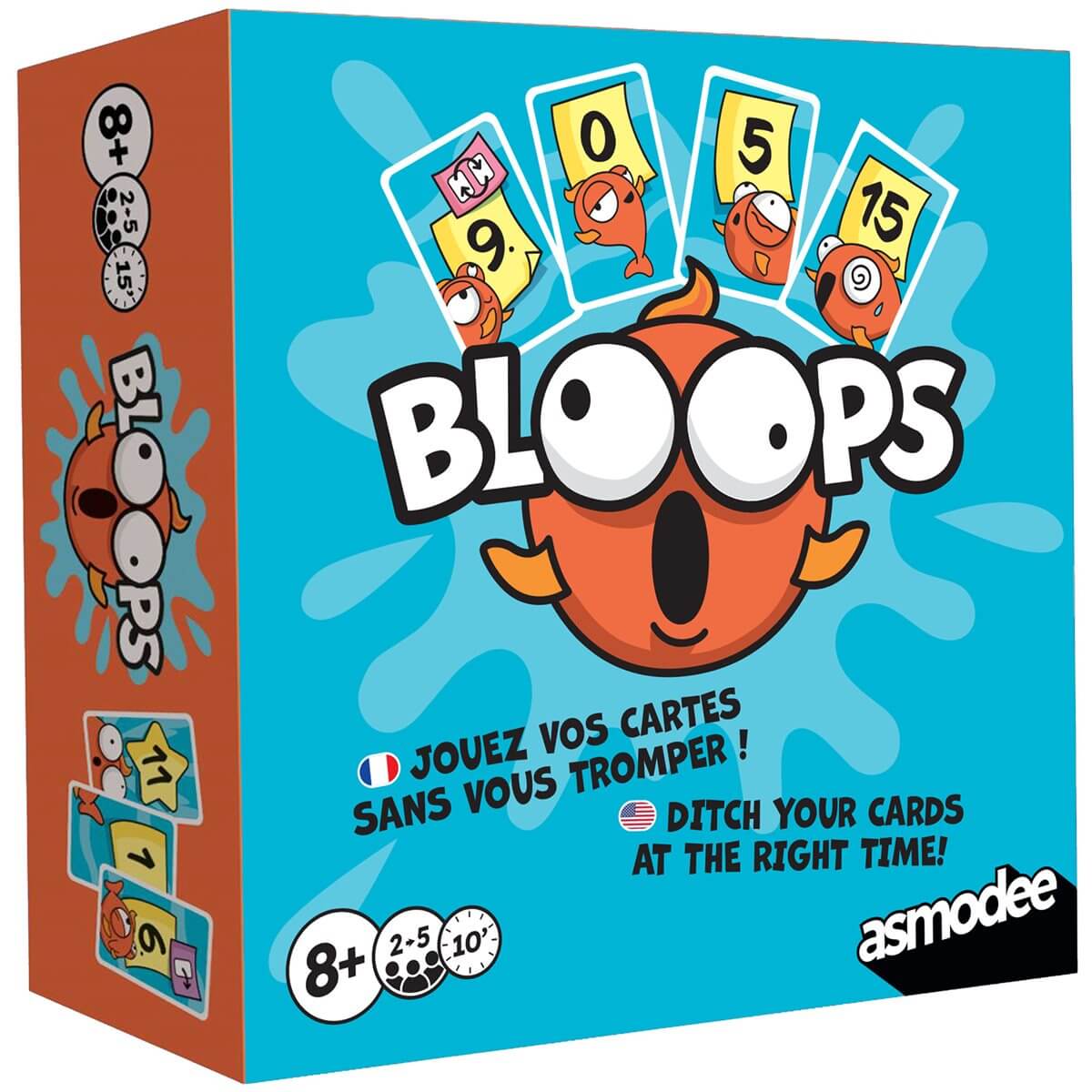 Boîte du jeu de défausse à l'aveugle Bloops, avec des cartes et un design ludique.