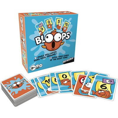 Boîte de jeu Bloops avec cartes, jeu de défausse à l'aveugle pour s'amuser en famille.