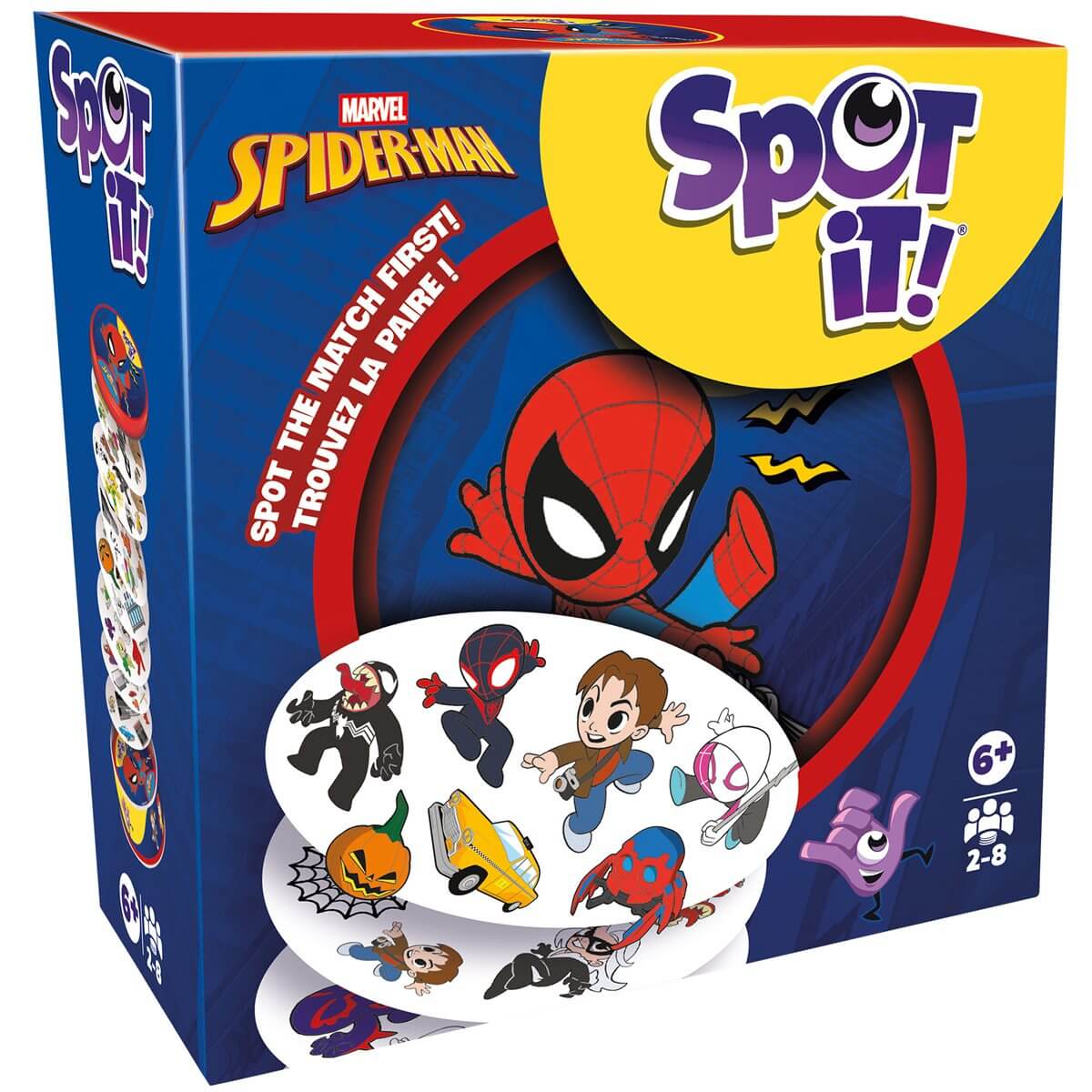 jeu Spot It Spiderman en boîte avec des personnages de Marvel et des mini-jeux, idéal pour la rapidité et l'observation.