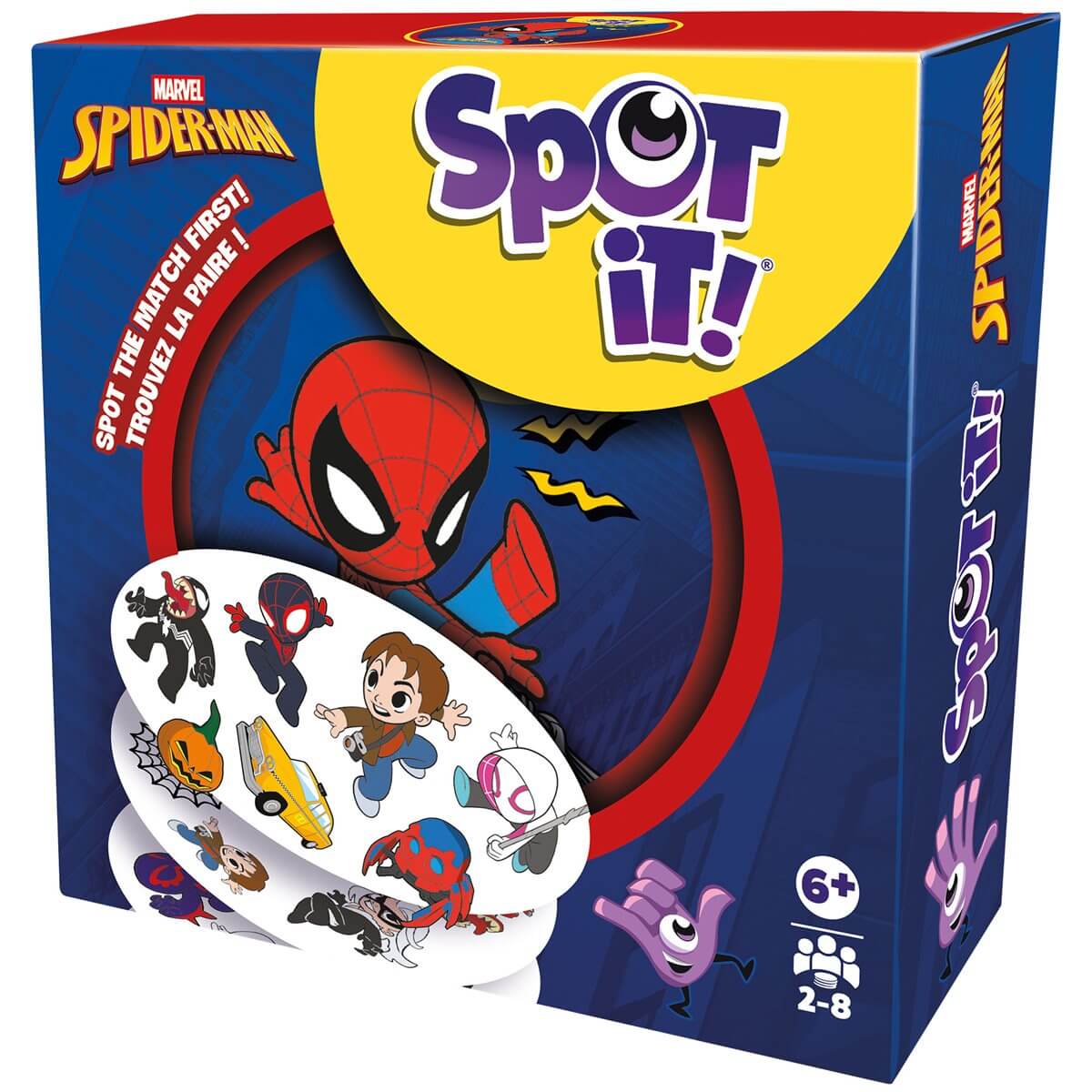 jeu Spot It Spiderman avec la boîte illustrée mettant en avant Spider-Man et des personnages variés.