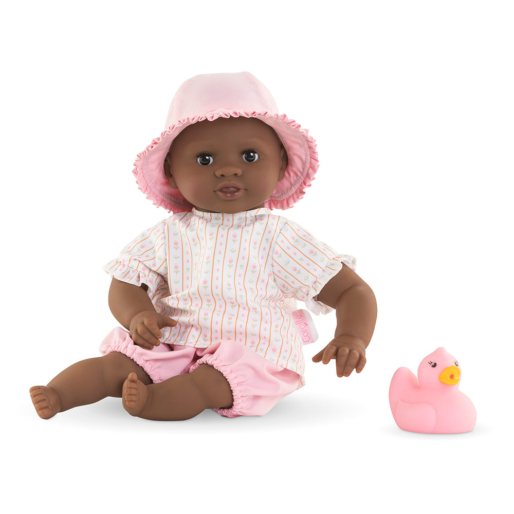 poupon de bain Alyzée 30 cm avec chapeau rose et canard en plastique