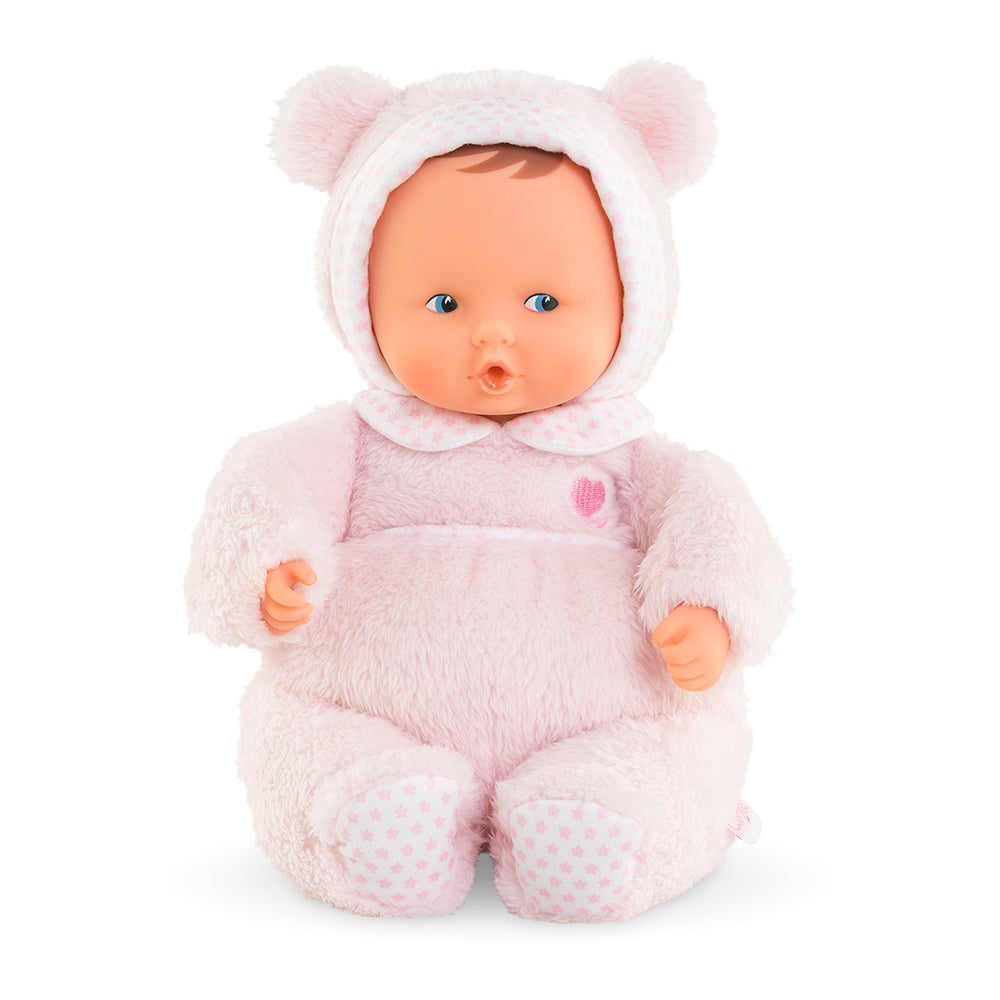 doudou Babinounours peluche bébé, peluche douce avec un capuchon ours, idéale pour les bébés et les câlins.