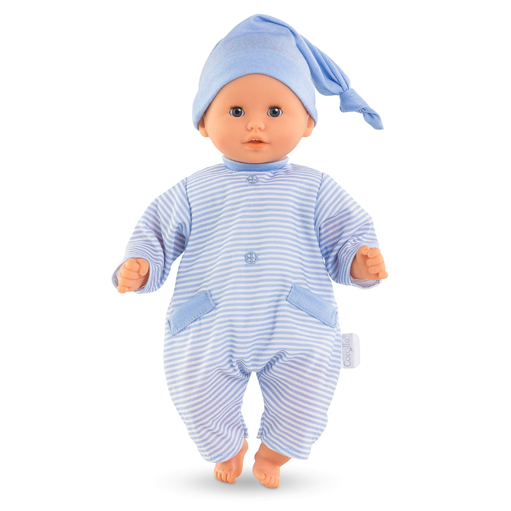 Poupon bébé câlin Corolle - Bébé Câlin Charmeur Bleu Ciel 30cm en pyjama rayé et bonnet.