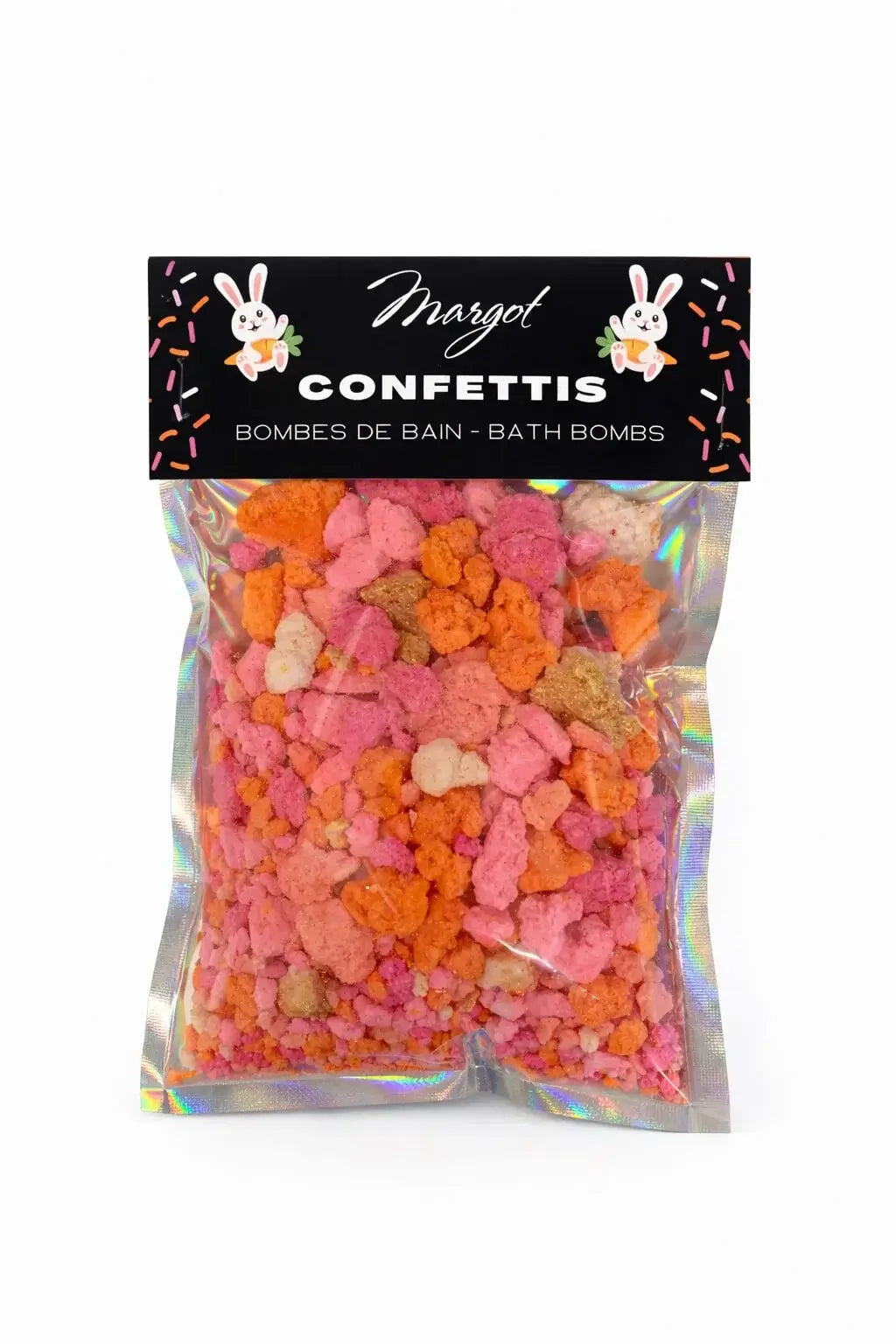 Sac de confettis Margot pour décorations de Pâques lapin, contenant des bombes de bain colorées.