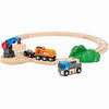 Coffret de démarrage BRIO avec train, camion, voie ferrée et grue, préparant l'aventure ferroviaire.