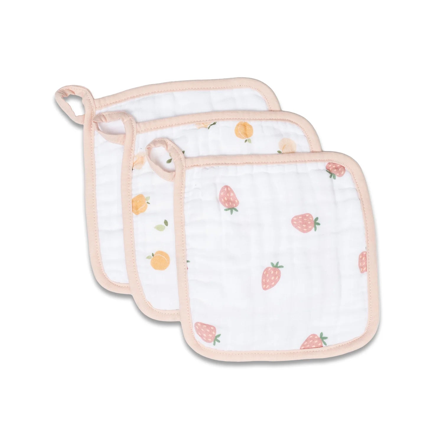 Lulujo -Lot de 3 débarbouillettes en mousseline - Pêches blanc et fraises
