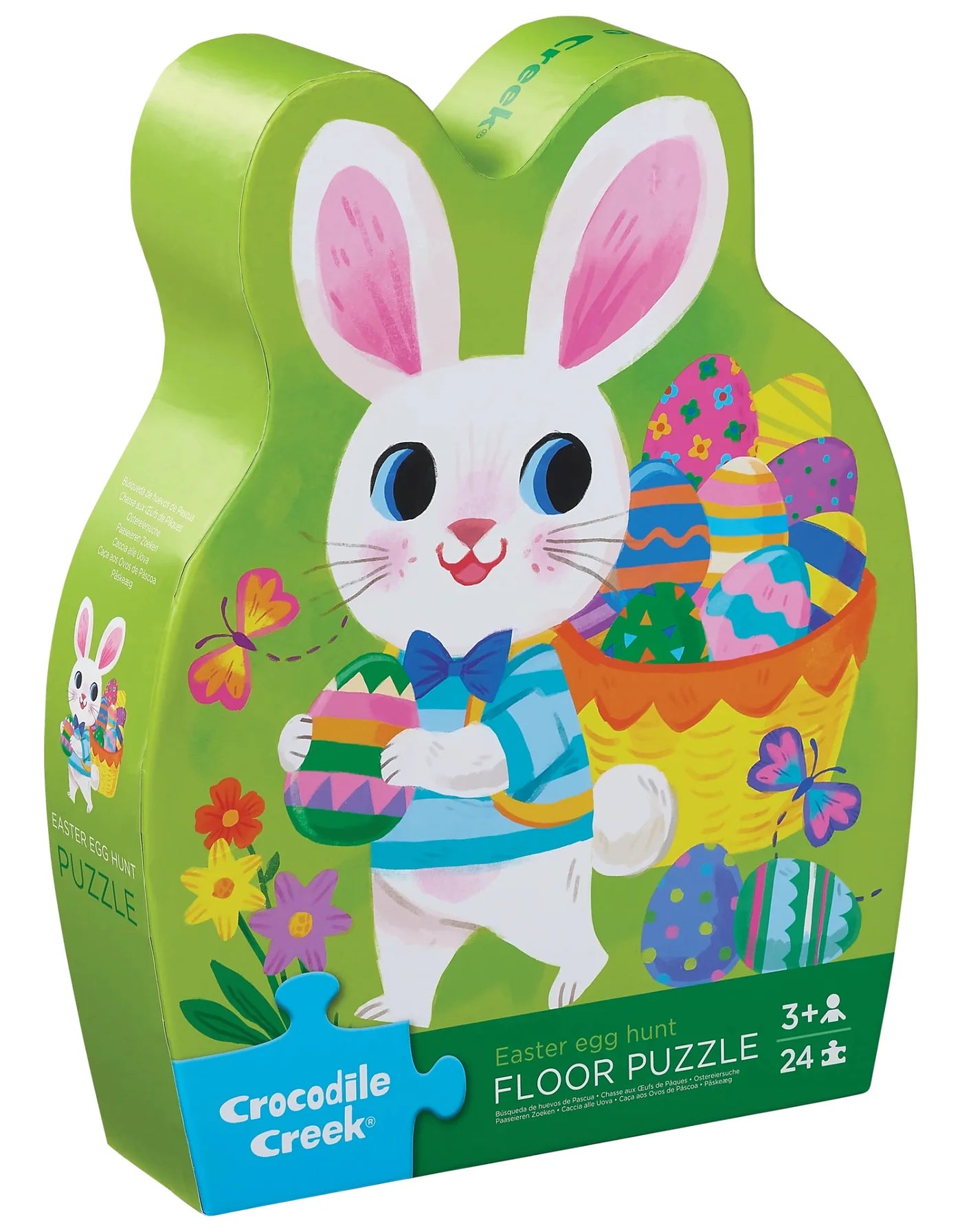 Puzzle chasse aux œufs de Pâques en forme de lapin avec des œufs colorés et des illustrations joyeuses.