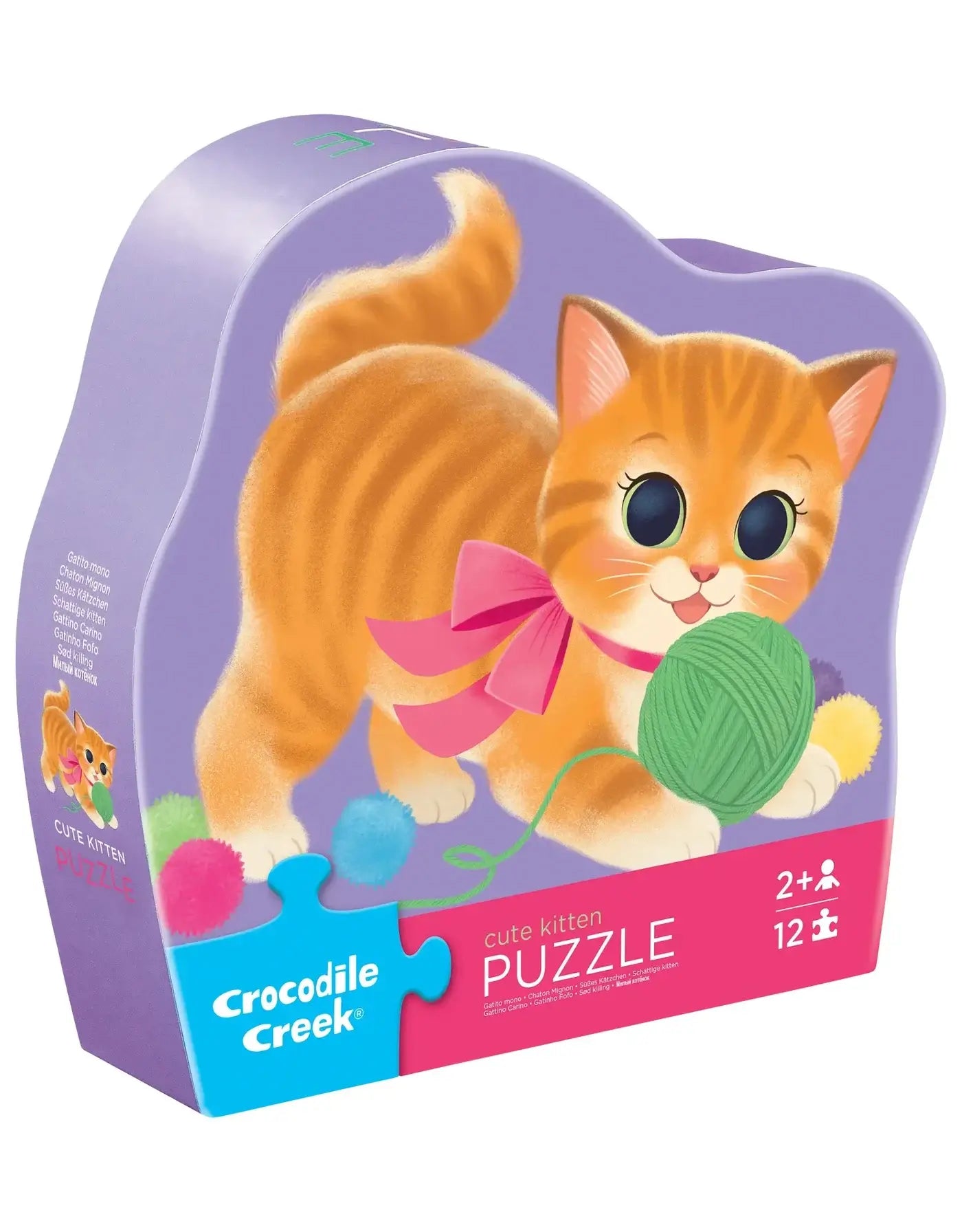 Mini puzzle chaton 12 pièces – boîte illustrée avec un chaton mignon jouant avec une pelote de laine.