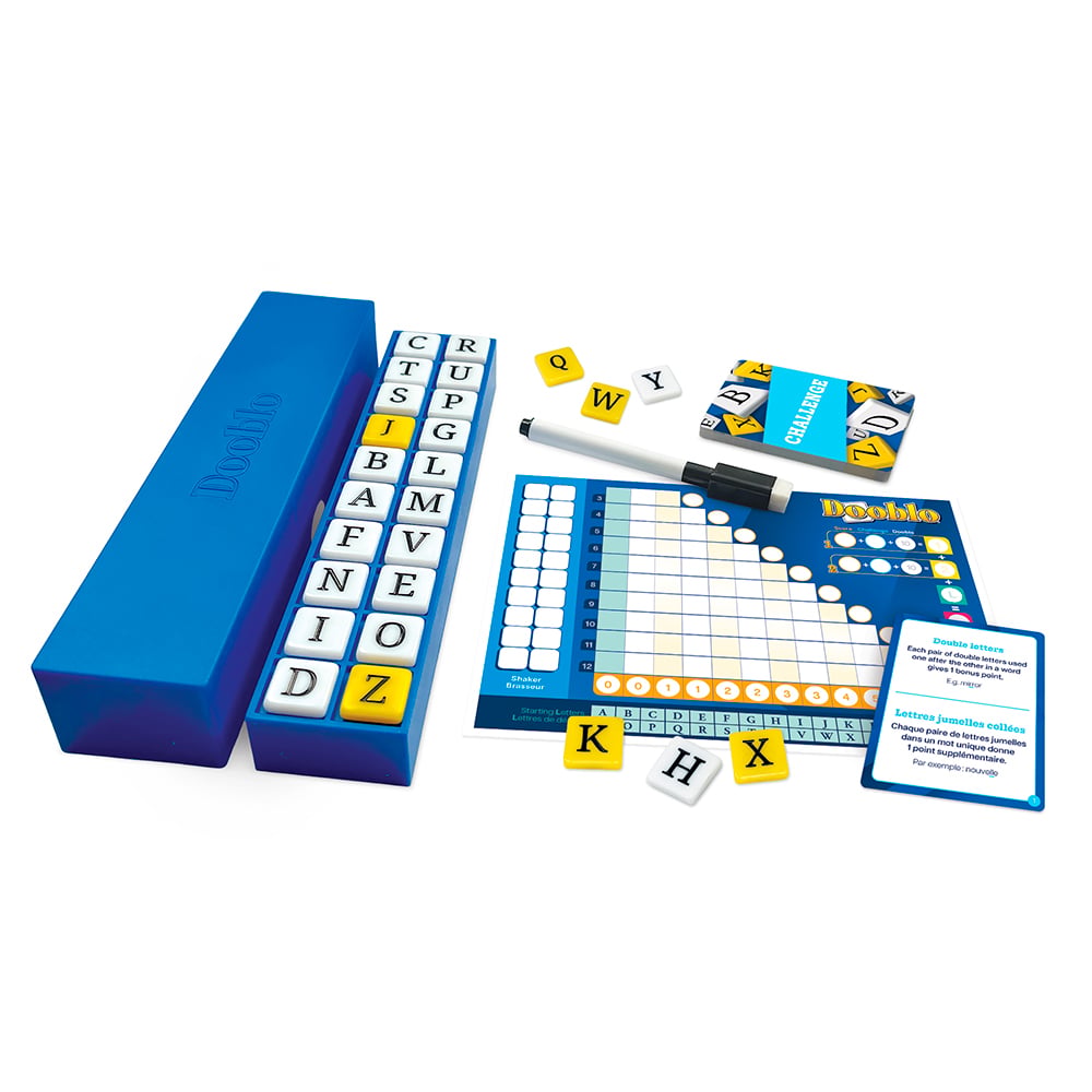 Image du jeu de mots rapide Dooblo avec lettres, plateau, cartes et accessoires inclus.