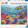 puzzle Ravensburger Eaux tropicales 500 pièces, illustration colorée de la vie marine avec coraux et poissons.