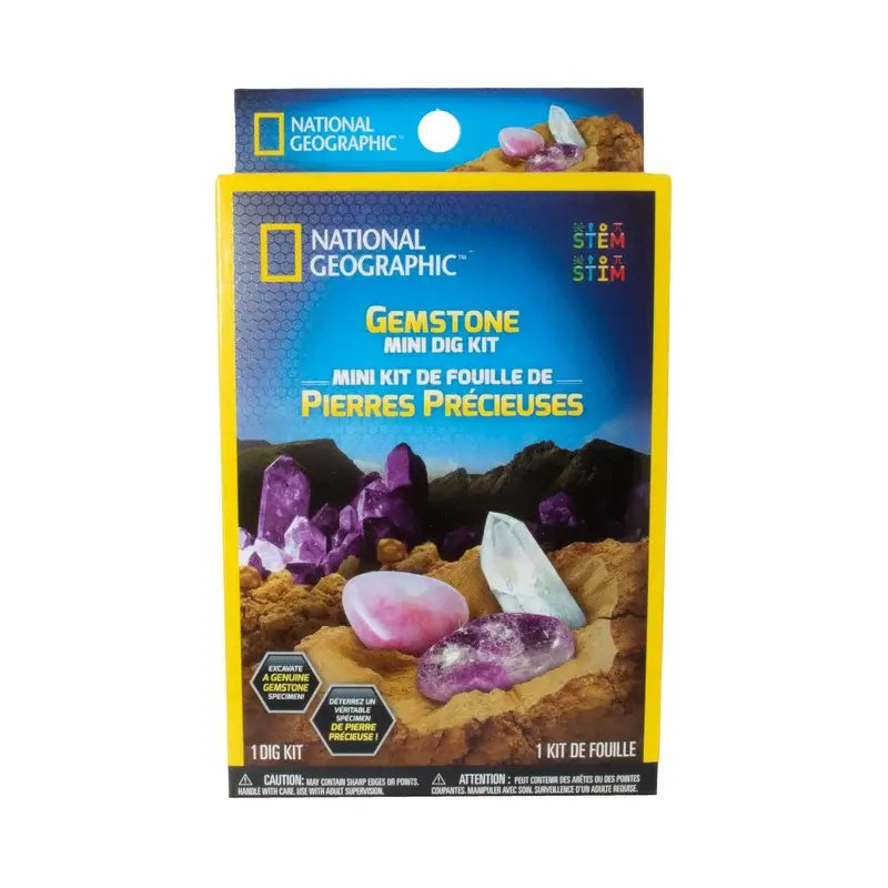 Mini kit de fouille de pierres précieuses de National Geographic avec gemmes colorées et outils d'exploration.