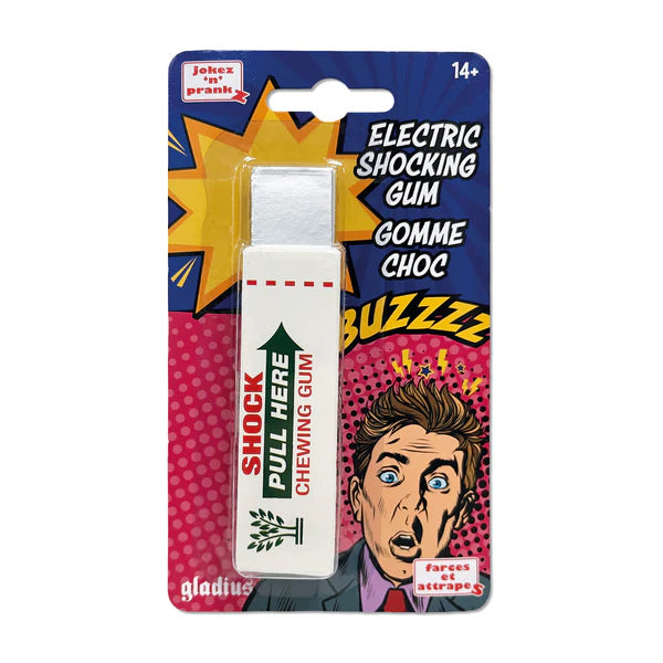 Gomme choc blague surprise dans un paquet avec un homme surpris, idéal pour farces et blagues.