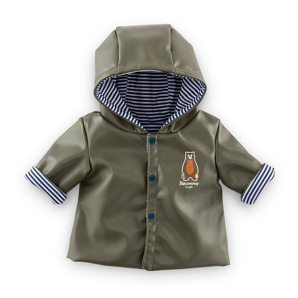 imperméable réversible poupée Corolle 36 cm, manteau vert kaki pour poupées avec capuche et motif ours.