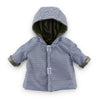 Imperméable réversible poupée Corolle 36 cm, modèle rayé avec capuche, idéal pour les petites poupées.