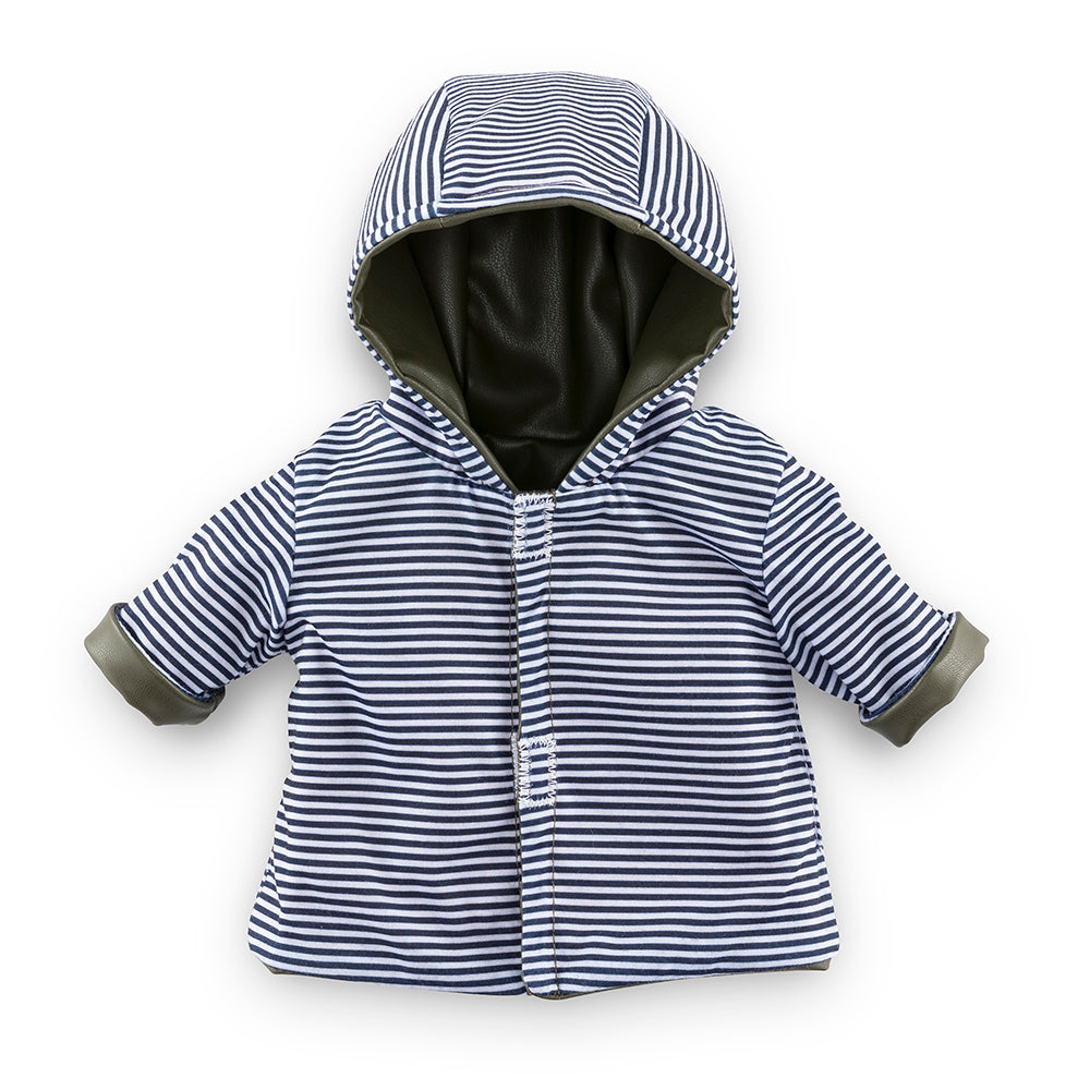 Imperméable réversible poupée Corolle 36 cm, modèle rayé avec capuche, idéal pour les petites poupées.