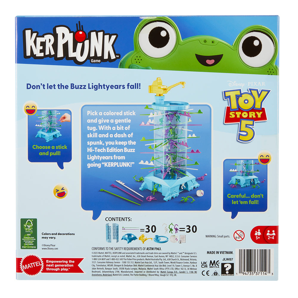 histoire du jeu Kerplunk sur le dos de la boîte avec des instructions pour le jeu Toy Story 5.