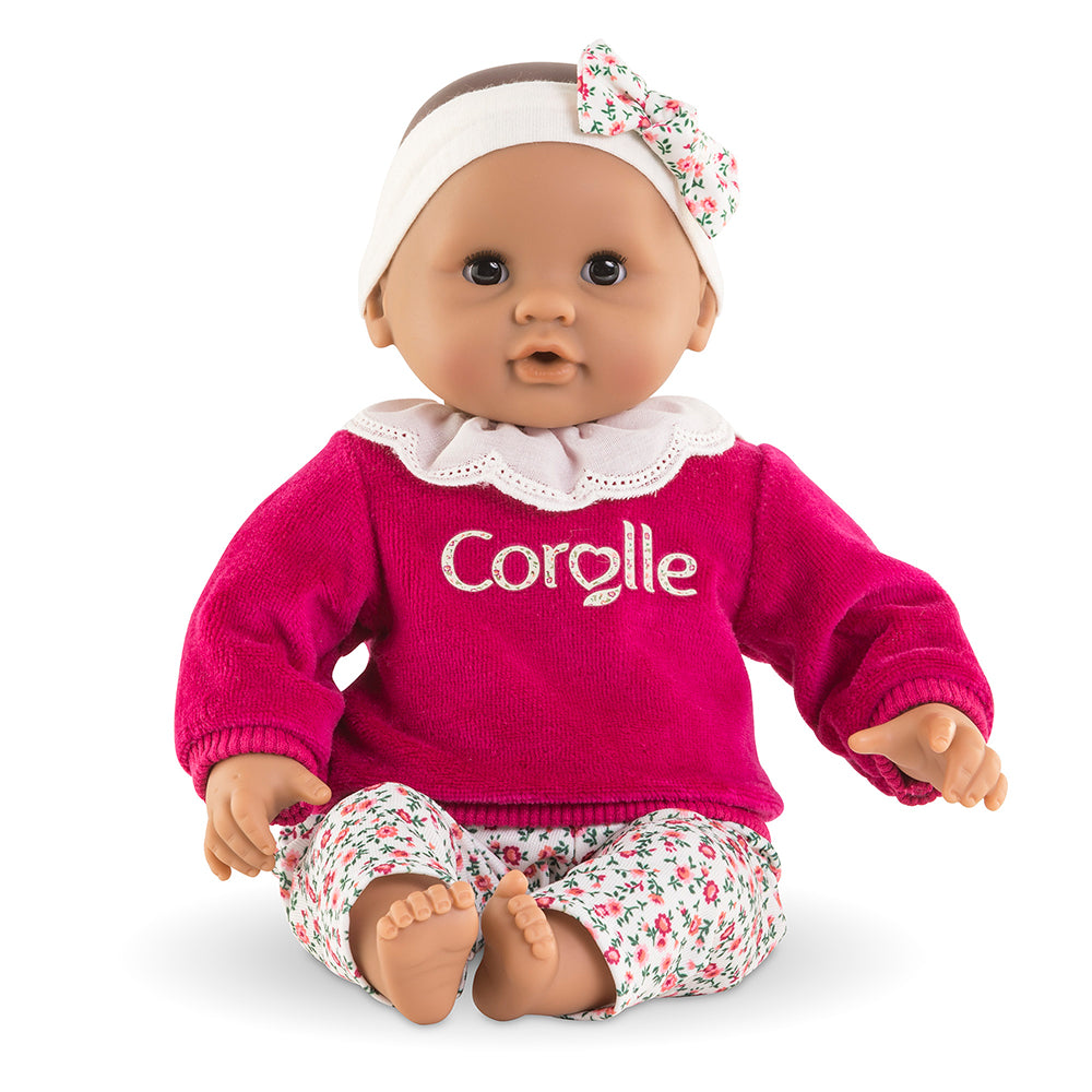 poupon bébé Câlin Maria 30 cm avec pull rose, pantalon à fleurs et bandeau