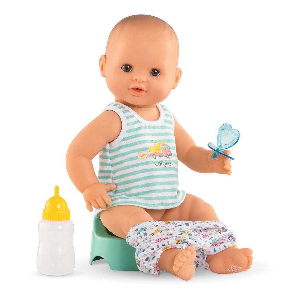 poupon Paul fait pipi 36 cm avec biberon, tétine et pot, parfait pour l'apprentissage de la propreté.